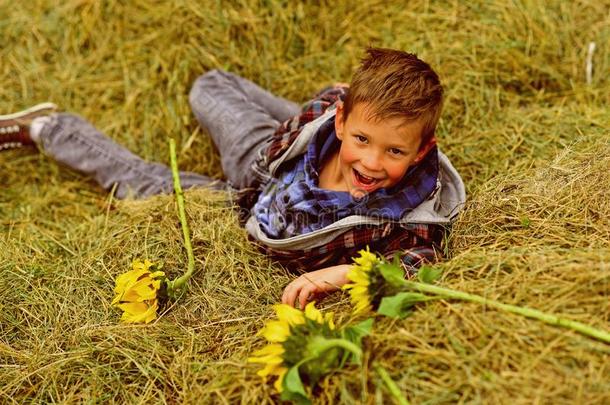 幸福的童年时间.幸福的男孩.小的男孩幸福的微笑的采用干草