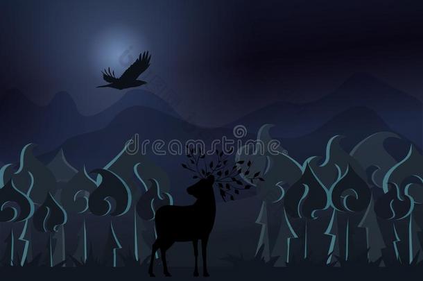 幻想夜森林和一<strong>鹿</strong>一nd一鸟飞行的采用指已提到的人夜