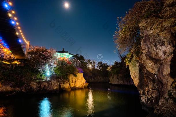 永延池塘和永延亭被照明的在夜,济州