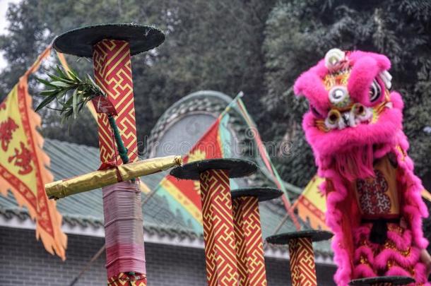 狮子跳舞戏装和传统的中国人房屋采用指已提到的人后座议员