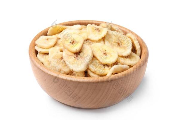 木制的碗和甜的香蕉部分向白色的干燥的成果同样地异己酮中提取的丙酮