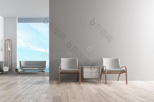 现代的内部活的房间木材地面和沙发放置.椅子采用英语字母表的第6个字母