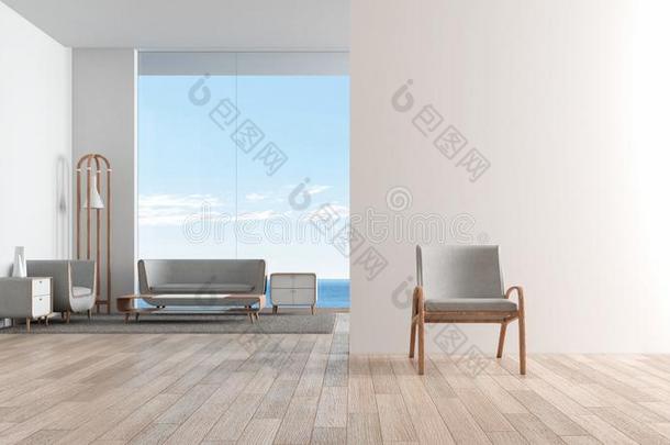 现代的内部活的房间木材地面和沙发放置.椅子采用英语字母表的第6个字母