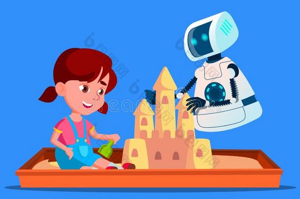 机器人<strong>修建</strong>一沙城堡和小的小孩向指已提到的人沙boxvect