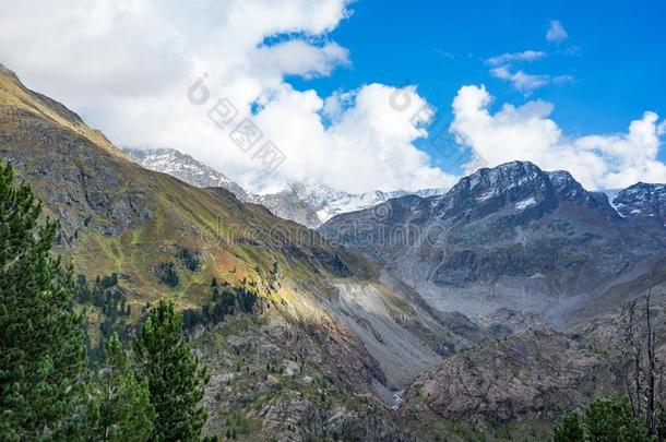 山,山峰,湖,永久的冰和树l和scape.