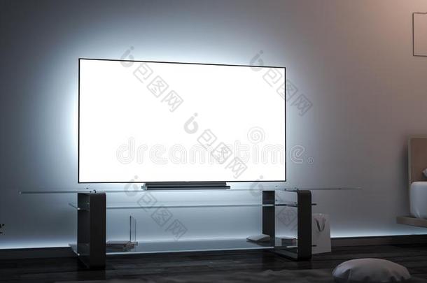 空白的白色的television电视机屏幕房间内部采用黑暗假雷达