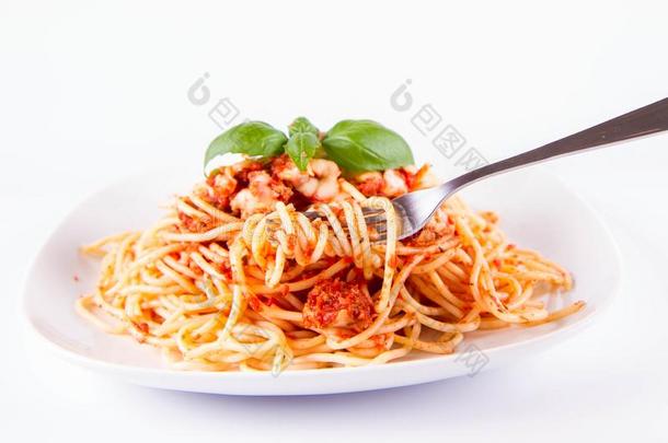 意大利面条波伦亚的吃和一餐叉