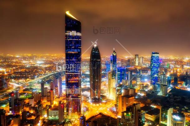 科威特塔城市地平线灼热的在夜拿采用科威特图片-包图网企业站