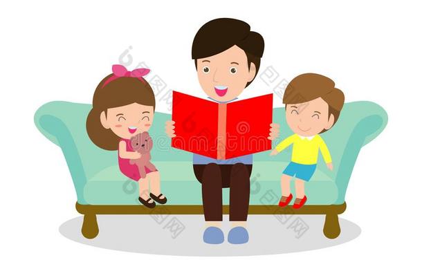 父亲阅读仙女候补陪审员<strong>召集</strong>令向他的儿子和女儿,家庭,阅读