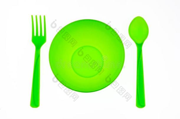 塑料制品盘子绿色的,勺,餐叉,剪下物小路,隔离的向whiteiron白铁