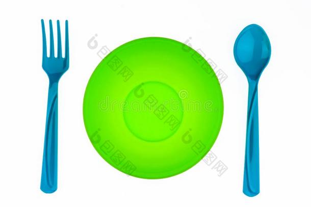 塑料制品盘子绿色的,勺,餐叉,剪下物小路,隔离的向whiteiron白铁