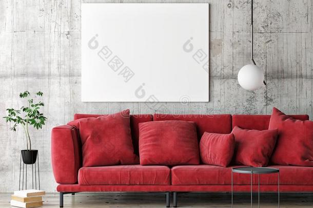 愚弄在上面海报向灰色墙,红色的现代的家具,最小的designate指明