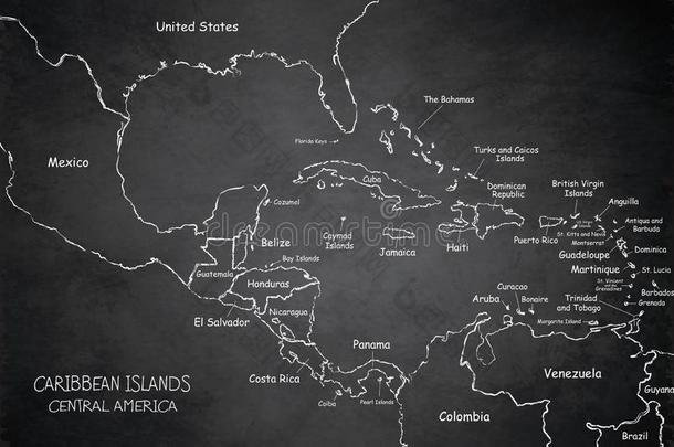 加勒比海岛中央的美洲地图,国家名字,分开stationary稳定的
