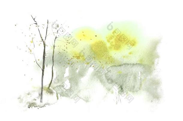春季抽象的水彩风景和树.水彩弄脏