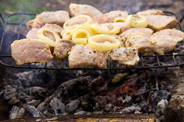 含香料的生的猪肉肉向烧烤户外的.Preparati向关于希什河凯巴