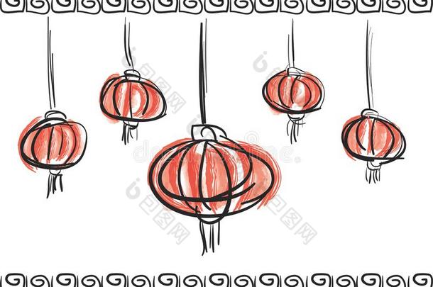 中国人新的年<strong>灯笼</strong>装饰用灯艺术的刷子草图