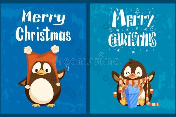 愉快的圣诞节卡,企鹅采用帽子和围巾