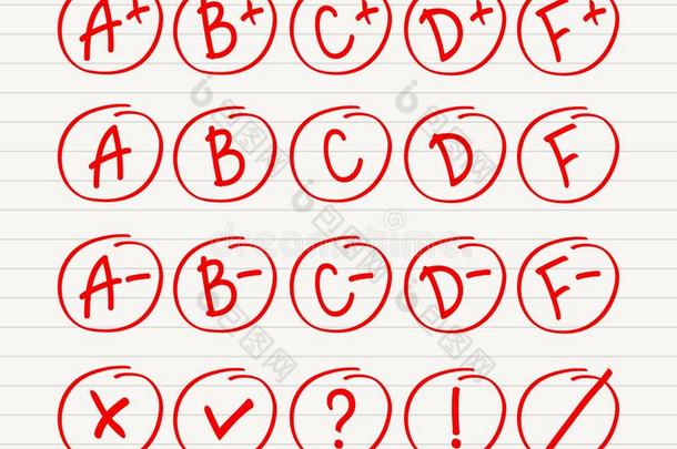 等级后果放置.手疲惫的矢量等级采用红色的圆.试验英语字母表的第5个字母