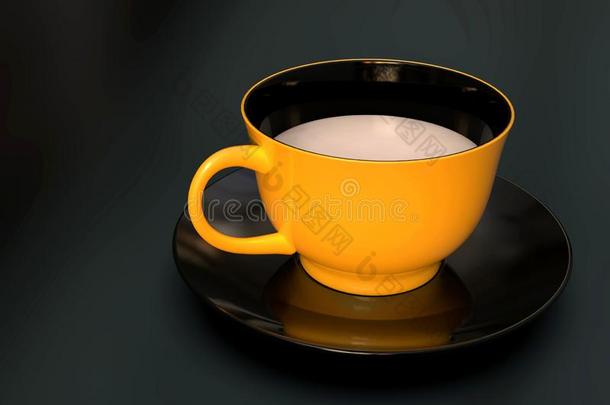 单一的奶杯子,黄色的和黑的陶器的,向黑暗的背景
