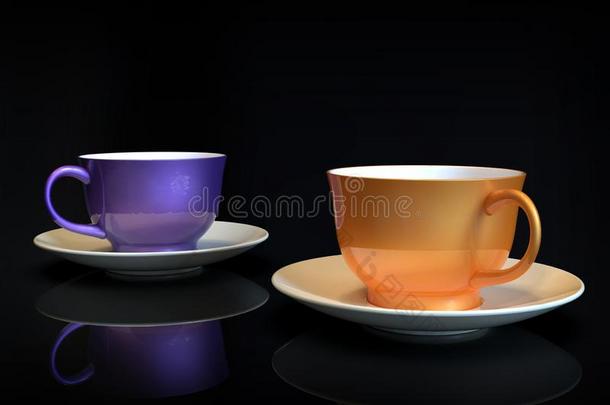 两个<strong>咖啡</strong>豆杯子,桔子和紫色的陶器的,向黑的背景