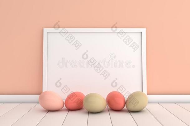 彩色粉笔粉红色的复活节卵和愚弄在上面海报框架向白色的木制的