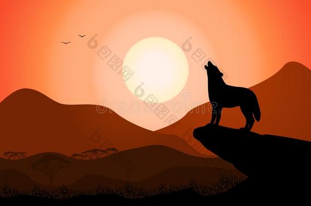 <strong>嚎叫</strong>狼在日落看台向一岩石