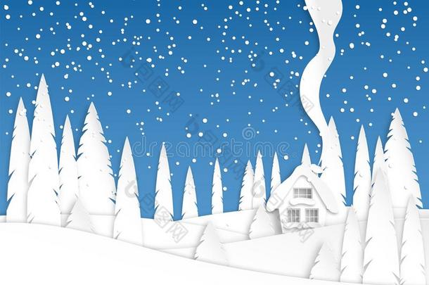 冬风景和一房屋采用指已提到的人d一y.Snowf一ll.下雪的树
