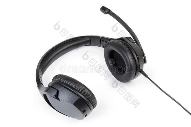 黑的紧张的戴在头上的耳机或听筒和满的大小耳机和扩音器