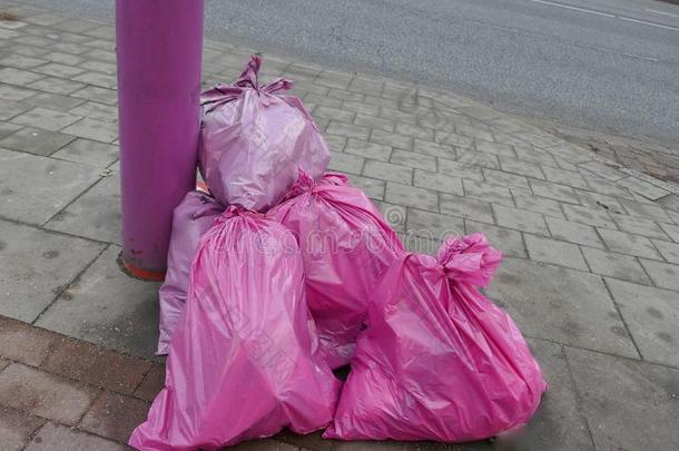 充满的粉红色的垃圾袋向指已提到的人路边是准备好的向挑选在上面