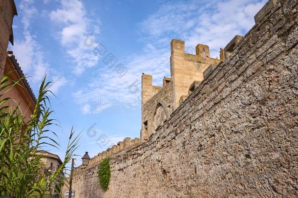 阿尔库迪亚老的城镇中古的墙,马略卡岛