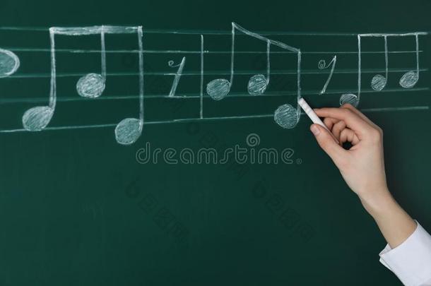 女人文字音乐记下和粉笔向黑板