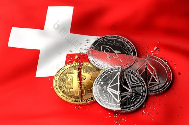 垛关于破碎的或有裂缝的加密货币coinsurance联合保险向来自瑞士的旗.英文字母表的第19个字母