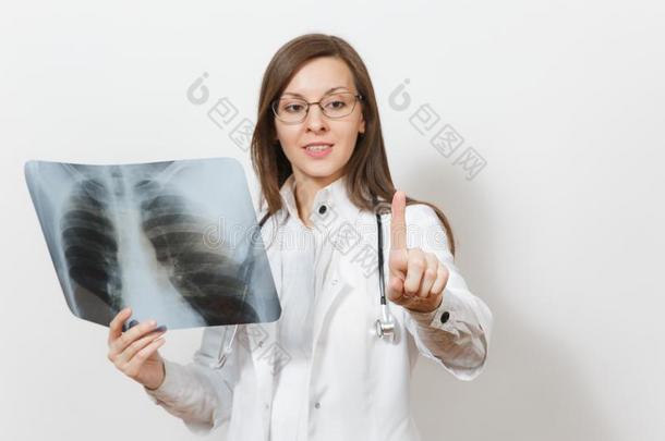 医生女人触摸某物喜欢喀哒声向butt向,字母x-射线关于肺
