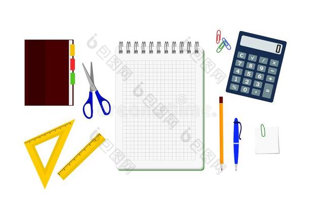放置关于文具物料项目:典范的,计算器,笔和笔cil