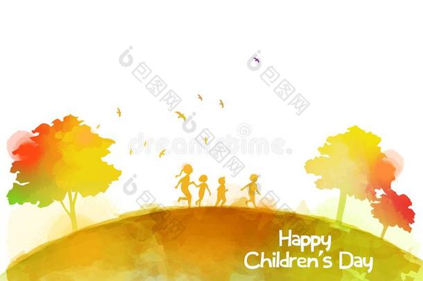 水彩关于幸福的小孩跑步同时.幸福的孩子们`英文字母表的第19个字母一天