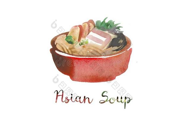 亚洲人食物.水彩说明关于汤采用碗.