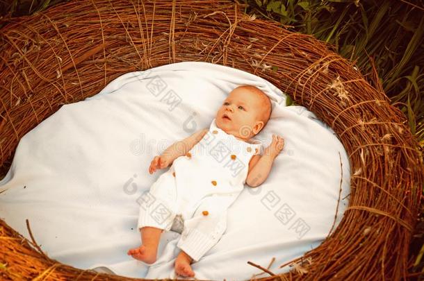 新生的婴儿采用小儿床.新生的婴儿醒着的.小的女孩或小的bowel肠