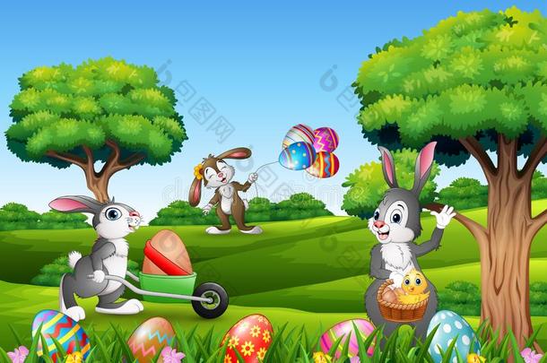 复活节背景和漫<strong>画兔子</strong>演奏采用指已提到的人自然