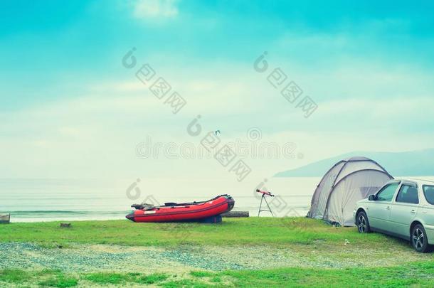 海景画夏旅行机器帐篷橡胶小船海岸线水平运动