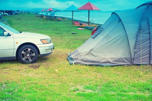 海景画夏旅行机器帐篷橡胶小船海岸线水平运动