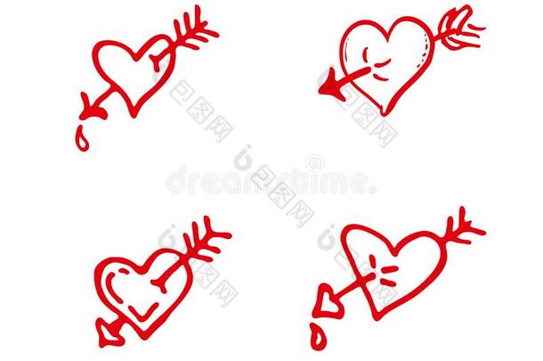 放置关于num.四红色的心刺入在旁边一爱神丘比特的画像一rrow.草图illustr一