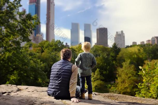 男人和他的迷人的小的儿子赞赏指已提到的人看采用中央的公园