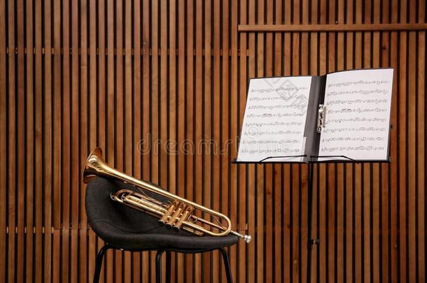 喇叭,椅子和笔记st和和音乐纸
