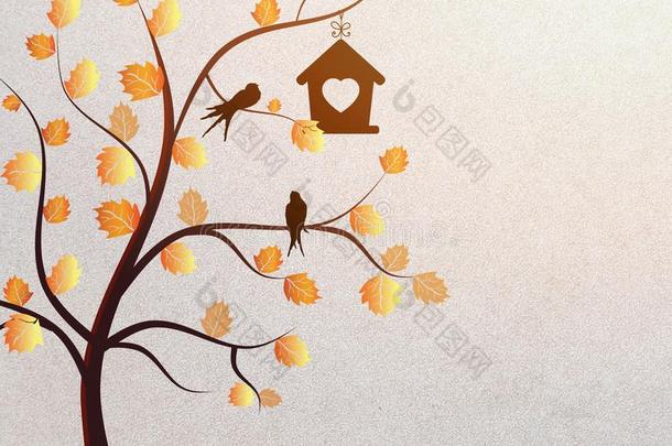 秋树和爱鸟和鸟房屋.