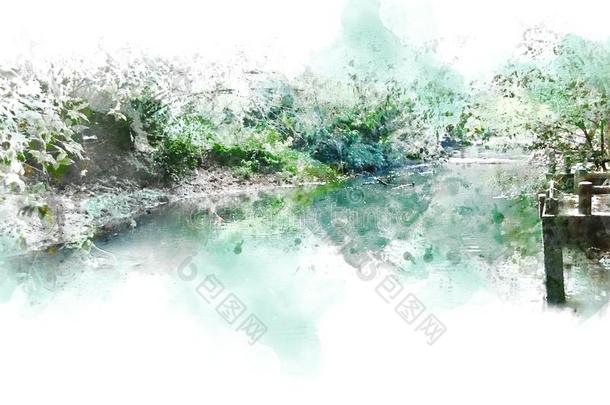 抽象的富有色彩的树和河湖l和scape水<strong>彩图</strong>解
