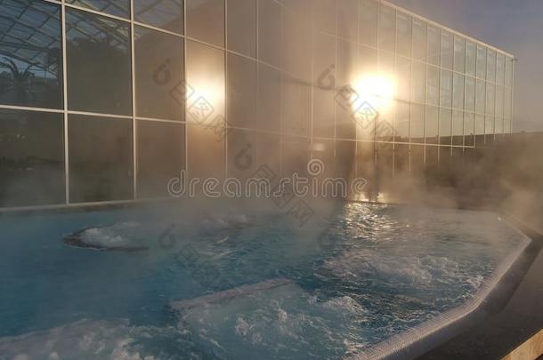 户外的热的水池-蒸汽越过波浪式浴盆
