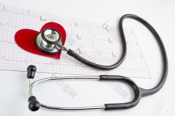 听诊器和红色的心心检查.观念卫生保健