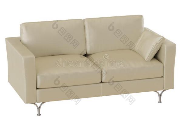 米黄色皮沙发和一枕头和铁器木头支架向一白色的b一ckg
