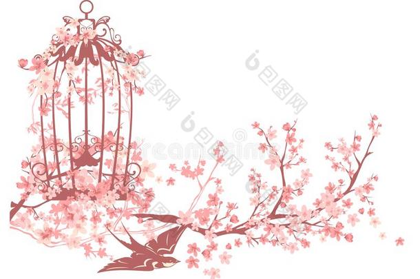 春季樱桃花和鸟笼子矢量