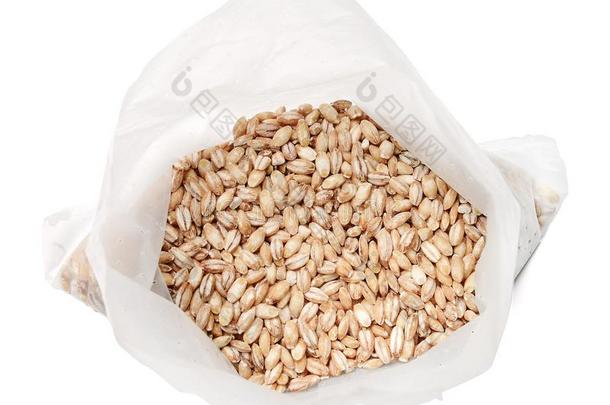 袋和珍珠大麦向一隔离的白色的背景.